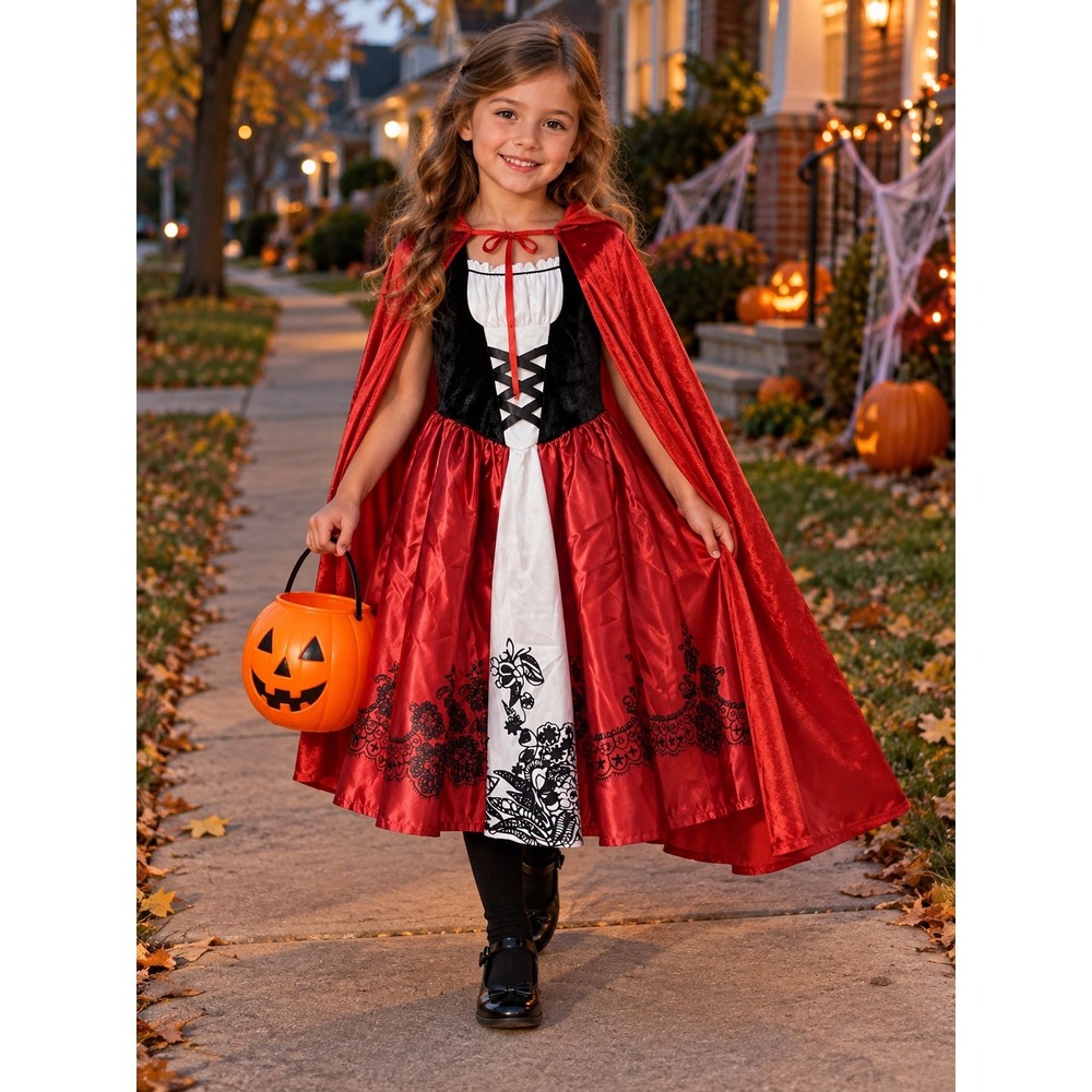 Little Red Riding Hood Costume Dress Red Black White Girls Size 120 Halloween